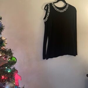 INC Black Embellished Cold-Shoulder Cutout Sweater